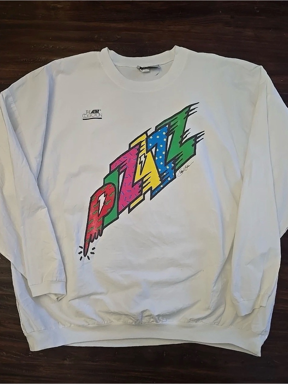 White Crewneck Sweatshirt with Colorful 'Pizazz' Graphic